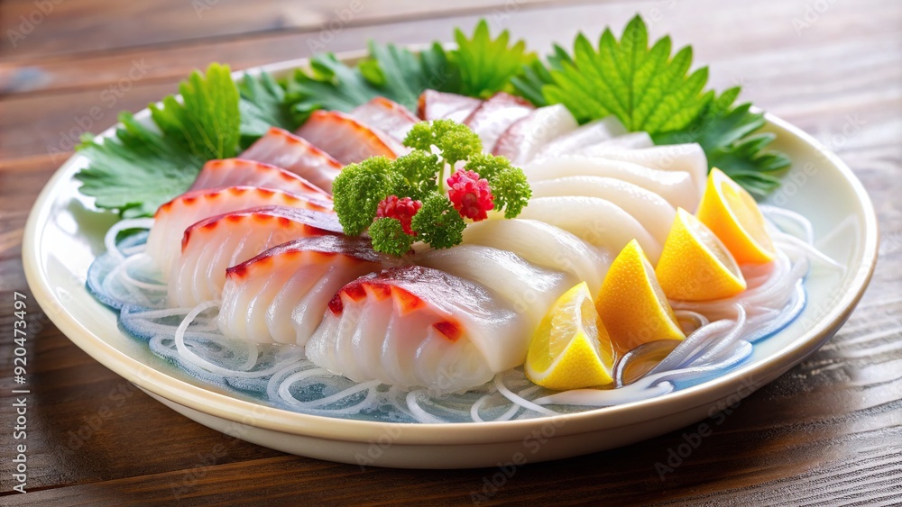 Freshly sliced raw squid sashimi, translucent and chewy, arranged artfully on a white plate, glistening with freshness and ready for consumption. Freshly sliced raw squid sashimi, translucent and chewy, arranged artfully on a white plate, glistening with freshness and ready for consumption.