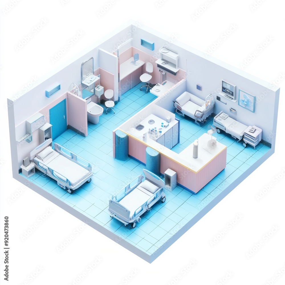 3D Render of a hospital with surgical rooms, patient rooms, and a reception area 3D Render of a hospital with surgical rooms, patient rooms, and a reception area
