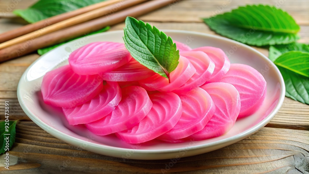 Vibrant pink pickled ginger slices arranged on a small white plate, garnished with fresh green leaves, served as a tangy palate cleanser. Vibrant pink pickled ginger slices arranged on a small white plate, garnished with fresh green leaves, served as a tangy palate cleanser.