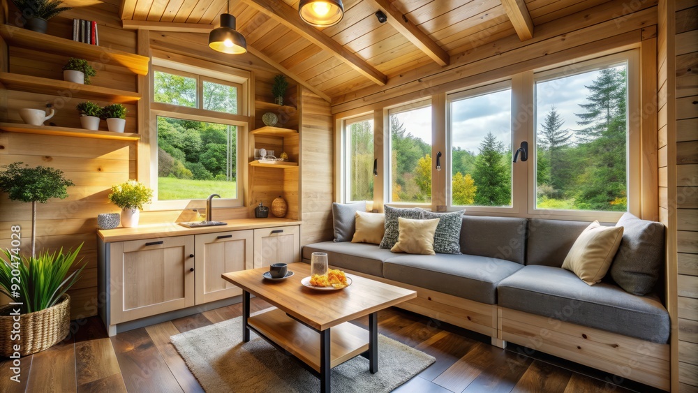 Fototapeta premium Cozy tiny house interior features a compact living area with a plush sofa, wooden coffee table, and large windows allowing natural light to pour in.