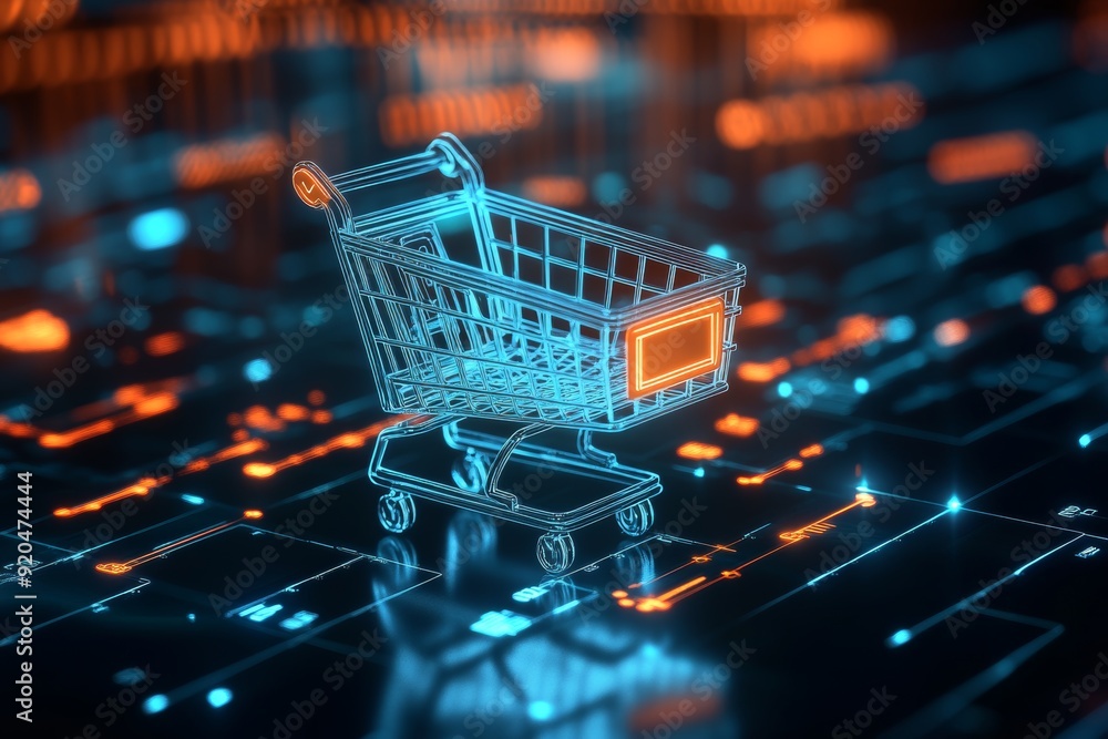 Portrait of a digital shopping cart, highlighting e-commerce and online shopping. High-resolution, detailed textures, crisp focus Portrait of a digital shopping cart, highlighting e-commerce and online shopping. High-resolution, detailed textures, crisp focus