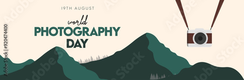 World photography day celebration banner, post, card, background. 19th August photography day cover banner with digital camera, mountains
