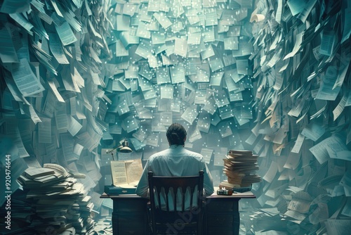 a man work overtime, front of the computer, pile of a documents both on side. Employee sits at his desk in his office surrounded by a multitude of files to be processed. Generated AI photo