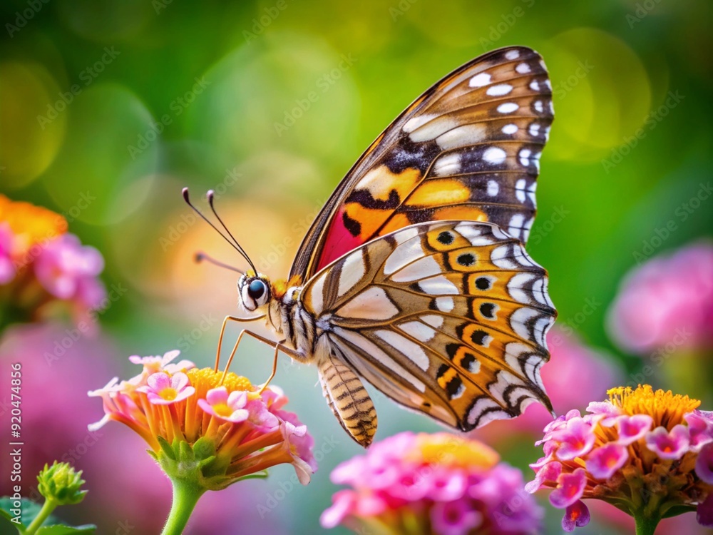 A close-up of a delicate butterfly perched on a blooming flower. A close-up of a delicate butterfly perched on a blooming flower.