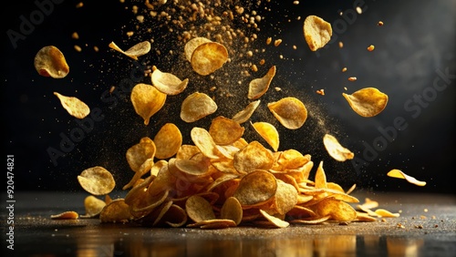 Crunchy potato chips cascade downwards in slow motion, scattering golden fragments against a dark background, capturing the satisfying snack attack in a single frame. photo