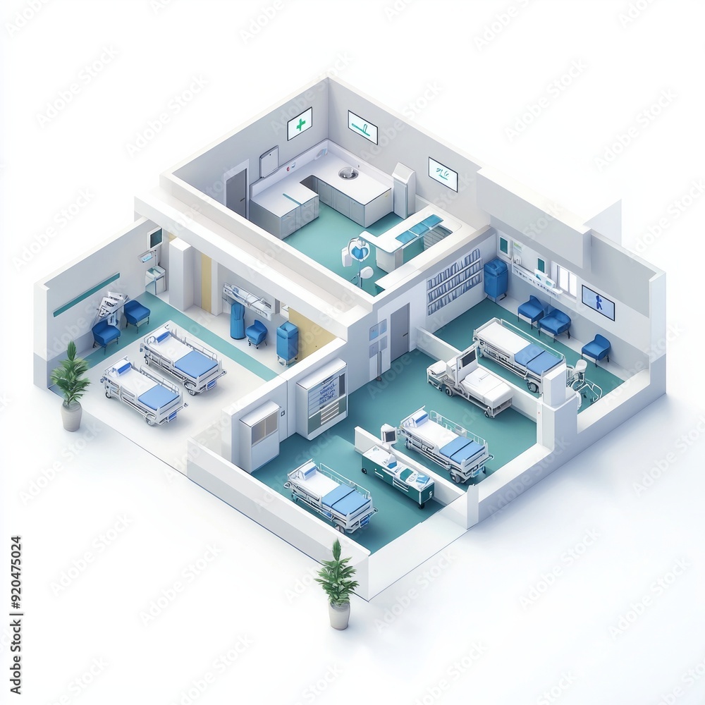 3D Render of a hospital with emergency and outpatient areas, as well as patient recovery rooms 3D Render of a hospital with emergency and outpatient areas, as well as patient recovery rooms