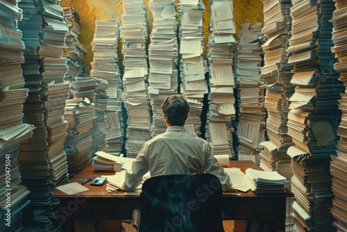 a man work overtime, front of the computer, pile of a documents both on side. Employee sits at his desk in his office surrounded by a multitude of files to be processed. Generated AI photo