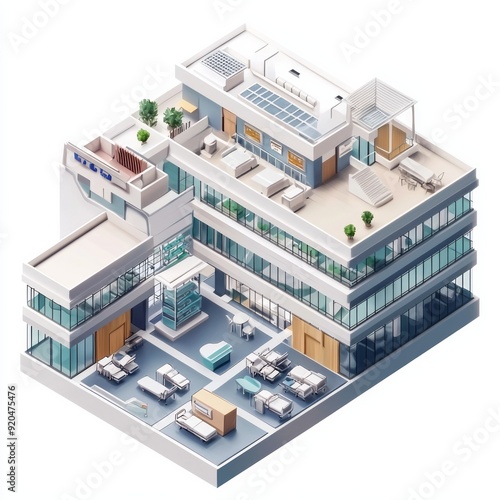 3D Render of a hospital with a reception area, emergency ward, and several floors of patient rooms
