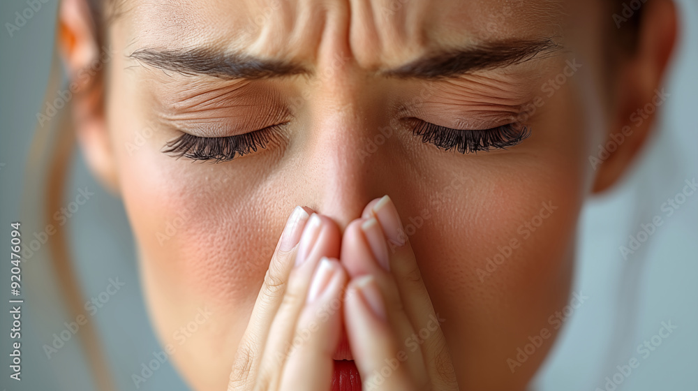 Woman with closed eyes pressing hands to nose, expressing stress or discomfort indoors. Concept of anxiety, headache, and emotional distress. Woman with closed eyes pressing hands to nose, expressing stress or discomfort indoors. Concept of anxiety, headache, and emotional distress.