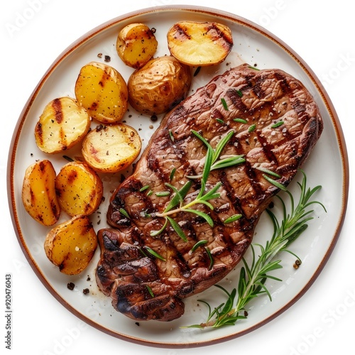 grilled beef steak and potatoes on plate isolated on white background, top view