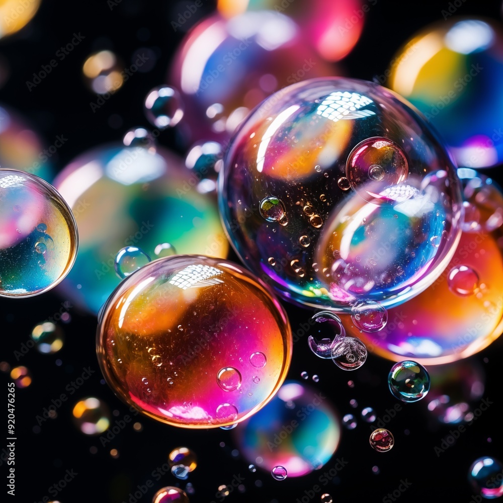 Close-up of soap bubbles with rainbow colors against a black background, Generative Ai Close-up of soap bubbles with rainbow colors against a black background, Generative Ai