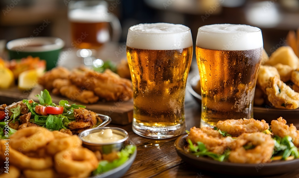Fototapeta Plenty of snacks such as various fried foods and tacos and cold beer, Generative AI 
