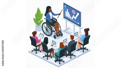 a disabled black woman on a wheelchair doing a presentation during a business meeting