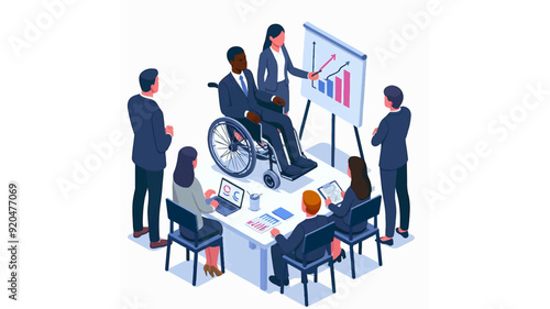 a disabled black man on a wheelchair doing a presentation isometric vector