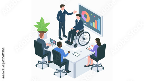 a disabled person on a wheelchair doing a presentation during a business meeting isometric vector