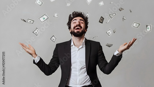 Successful Businessman Celebrating Wealth Joyfully Surrounded Flying Money