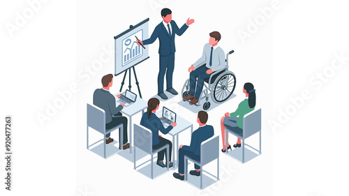 a disbaled person on a wheelchair doing a presentation during a business meeting isometric vector