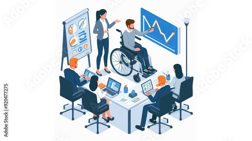 a disabled person on a wheelchair doing a presentation during a business meeting vector