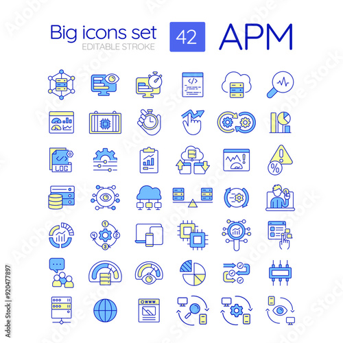 APM RGB color icons set. Real user monitoring. Cross platform, multi device. Domain name system. Isolated vector illustrations. Simple filled line drawings collection. Editable stroke