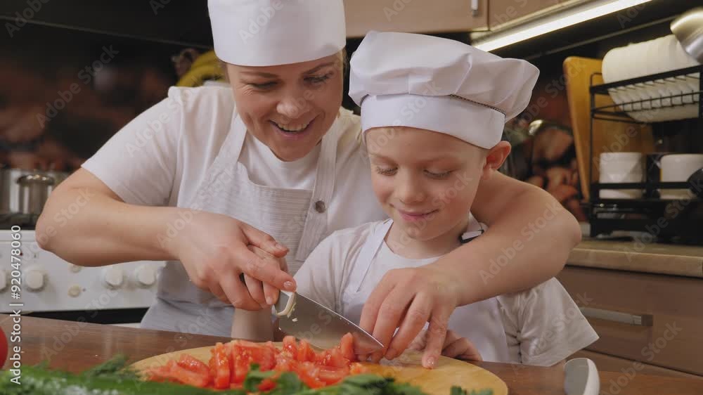 Close-up of a little eight-year-old boy cutting a fresh tomato with a knife on a wooden cutting board. Mother teaches son how to cook. Close-up of a little eight-year-old boy cutting a fresh tomato with a knife on a wooden cutting board. Mother teaches son how to cook.