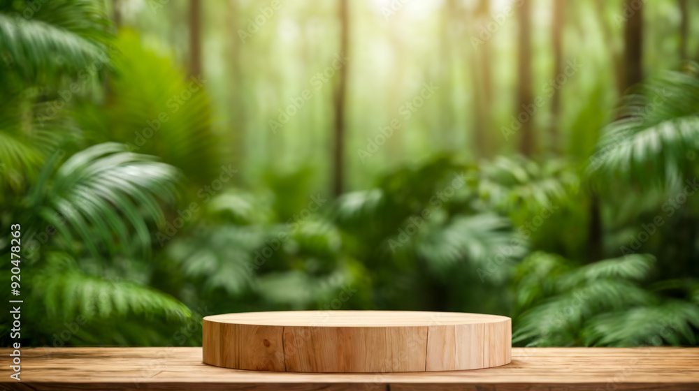 product podium in nature outdoors, tropical forest blurred green background. natural product placement, pedestal stand display, nature cosmetics concept product podium in nature outdoors, tropical forest blurred green background. natural product placement, pedestal stand display, nature cosmetics concept