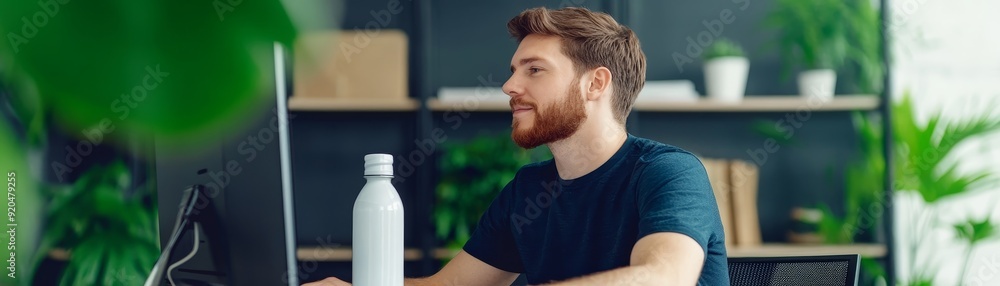 Fototapeta premium concentrated young man working on computer in modern office with plants and water bottle - business professional focused on work task - digital marketing, e-commerce, and online business concept