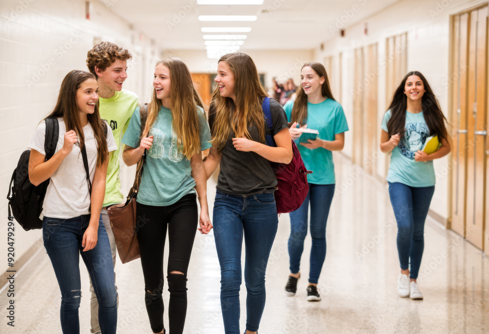 Obraz premium Back-to-School. High school students, backpacks in hand, chat as they walk through hallway on first day of new academic year