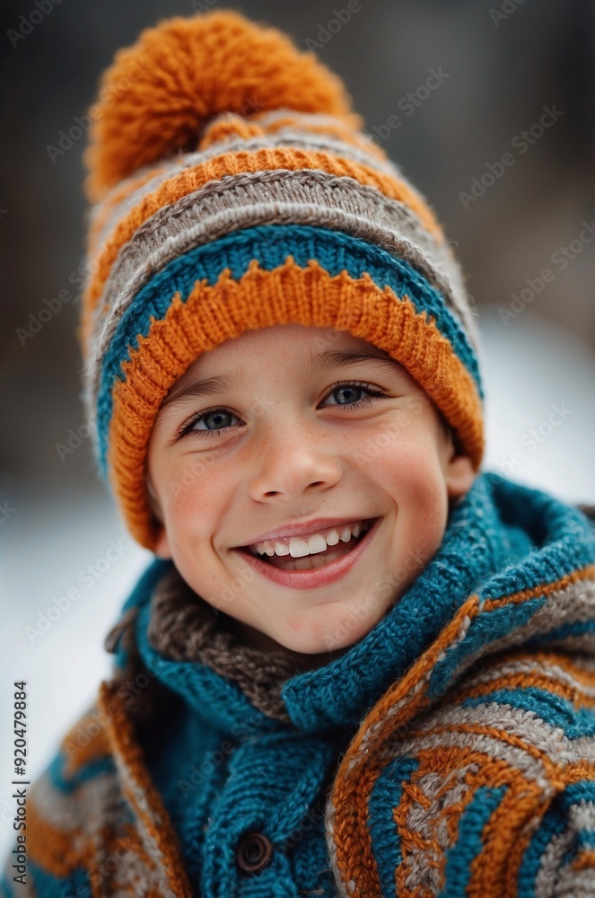 Smiling boy in warm bright ornate knitted hat, mittens and sweater Smiling boy in warm bright ornate knitted hat, mittens and sweater