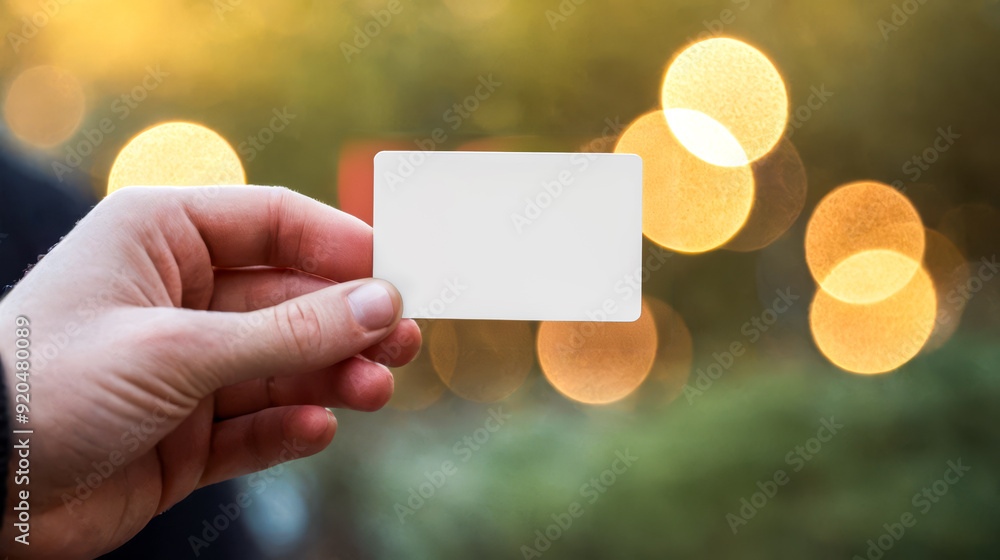 Hand holding mockup blank card in focus, blurred background with warm bokeh lights, business branding, presentation in natural setting Hand holding mockup blank card in focus, blurred background with warm bokeh lights, business branding, presentation in natural setting