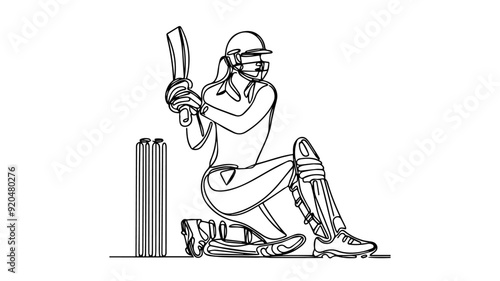 one line drawing of a cricket player 