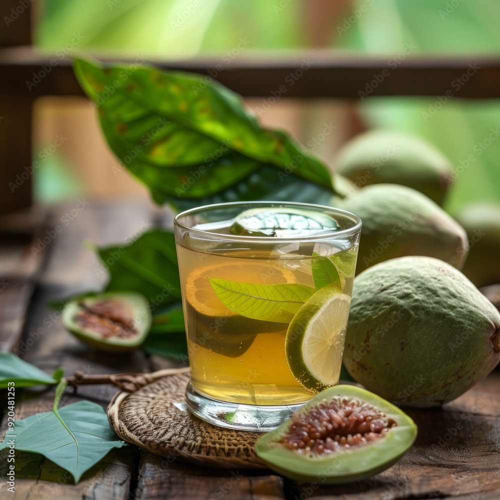 Guava leaf tea a healthy drinks, served in a glass with tea bags. Drinking guava leaf tea is beneficial in changes cholesterol and triglyceride levels. Natural cure for diarrhea Guava leaf tea a healthy drinks, served in a glass with tea bags. Drinking guava leaf tea is beneficial in changes cholesterol and triglyceride levels. Natural cure for diarrhea