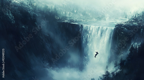 Fototapeta Naklejka Na Ścianę i Meble -  A base jumper leaping from a waterfall into a misty pool below, with the jumper’s form captured as they enter the cascading water and the mist enveloping the scene.


