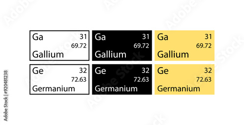 Gallium and Germanium icons set. Chemical element icons. Linear, silhouette and flat style. Vector icons.