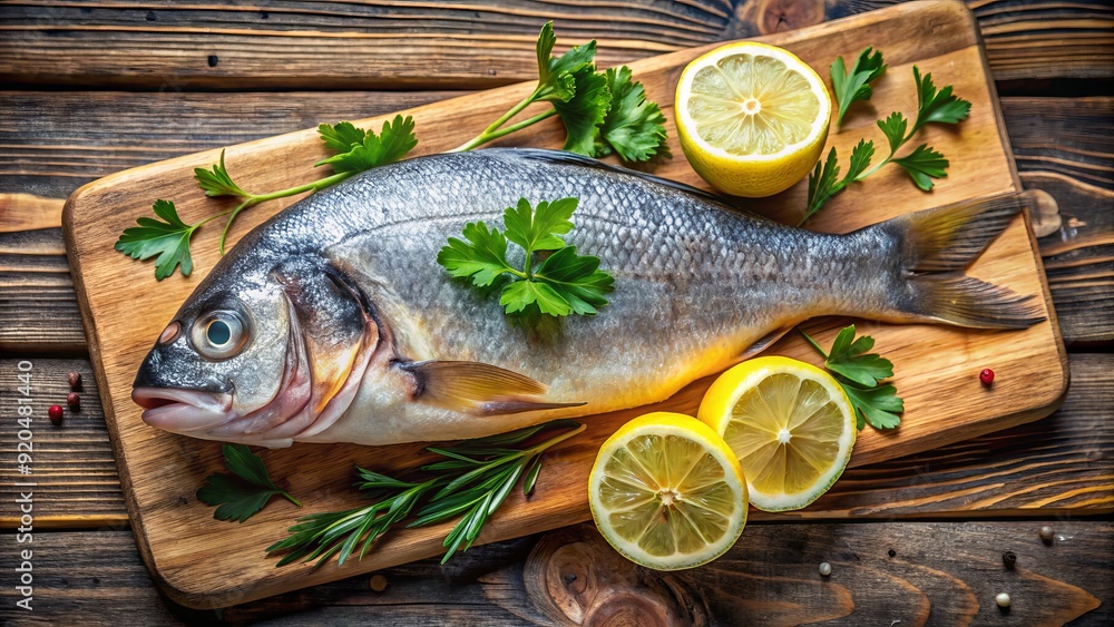 Freshly caught whole fish with vibrant scales and glassy eyes lies on a rustic wooden cutting board surrounded by lemon wedges and parsley leaves. Freshly caught whole fish with vibrant scales and glassy eyes lies on a rustic wooden cutting board surrounded by lemon wedges and parsley leaves.