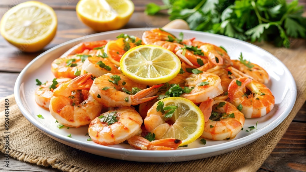 Freshly cooked succulent shrimp tossed in a zesty lemon pepper seasoning, garnished with a slice of lemon and sprinkled with parsley, on a white plate. Freshly cooked succulent shrimp tossed in a zesty lemon pepper seasoning, garnished with a slice of lemon and sprinkled with parsley, on a white plate.
