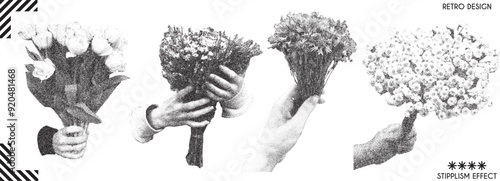 Set of human hands with bouquet of flowers with retro photocopy effect. Vector elements with grain effect.