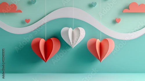 Colorful paper hearts hanging against a serene turquoise background, perfect for decor, Valentine's Day, or romantic themes.