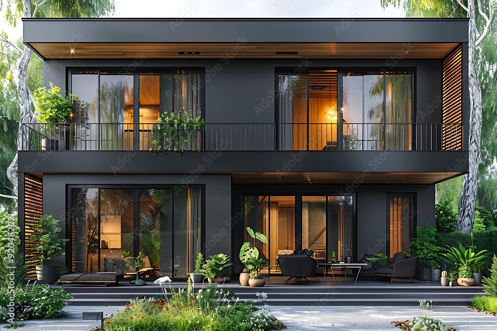 Modern two-story house with large glass windows and lush greenery, showcasing contemporary architectural design, Ideal for real estate listings, architectural websites, home decor magazines Modern two-story house with large glass windows and lush greenery, showcasing contemporary architectural design, Ideal for real estate listings, architectural websites, home decor magazines