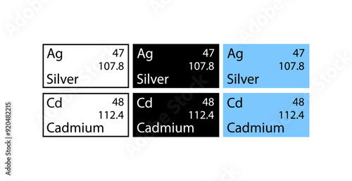 Silver and Cadmium icons set. Chemical element icons. Linear, silhouette and flat style. Vector icons.