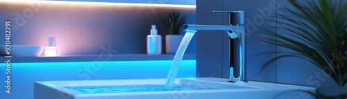 Modern bathroom with sleek faucet and flowing water, illuminated by ambient blue light, creating a serene and stylish atmosphere.