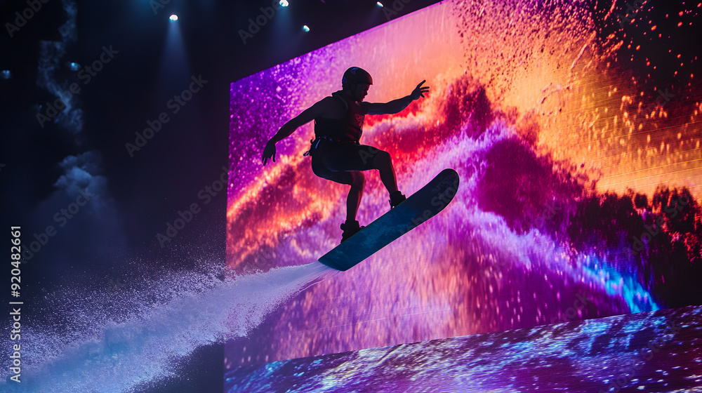 A wakeboarder executing a trick over a large, floating LED screen displaying vibrant visuals, with the rider’s full body and the screen’s lights creating an energetic scene.
A wakeboarder executing a trick over a large, floating LED screen displaying vibrant visuals, with the rider’s full body and the screen’s lights creating an energetic scene.