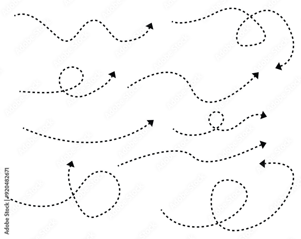 dotted arrow vector set curved, dashed, and doodle arrow directions isolated on white bg. dotted arrow vector set curved, dashed, and doodle arrow directions isolated on white bg.