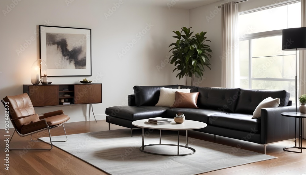 3D rendering of a luxury and modern living room featuring a high-end leather sofa and a stylish lamp. 3D rendering of a luxury and modern living room featuring a high-end leather sofa and a stylish lamp.