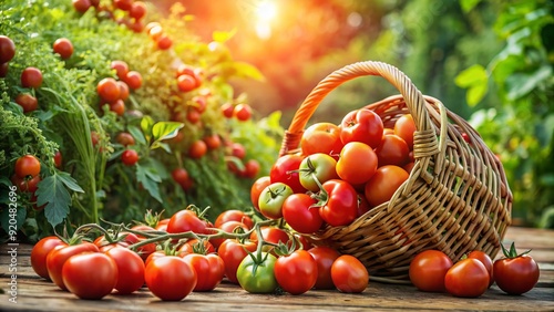 Freshly harvested organic tomatoes spilling out of a wicker basket, surrounded by lush greenery, symbolizing natural, healthy, and sustainable non-GMO farming practices. photo