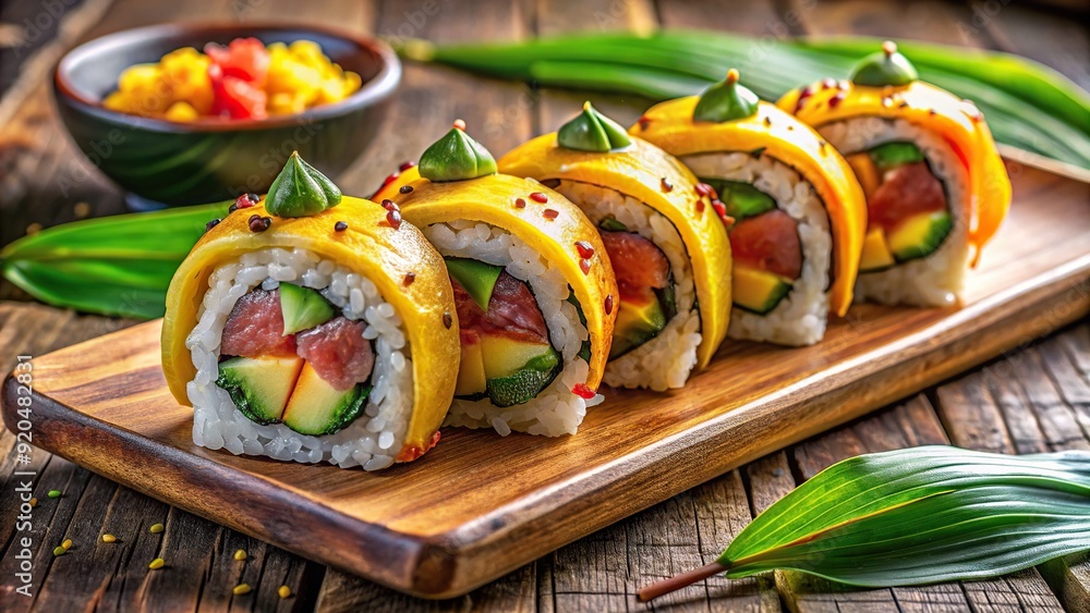 Vibrant, tropical sushi roll with bold flavors and exotic ingredients, featuring spicy tuna, mango, and crispy plantain, served on a rustic wooden plate. Vibrant, tropical sushi roll with bold flavors and exotic ingredients, featuring spicy tuna, mango, and crispy plantain, served on a rustic wooden plate.