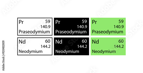 Praseodymium and Neodymium icons set. Chemical element icons. Linear, silhouette and flat style. Vector icons.