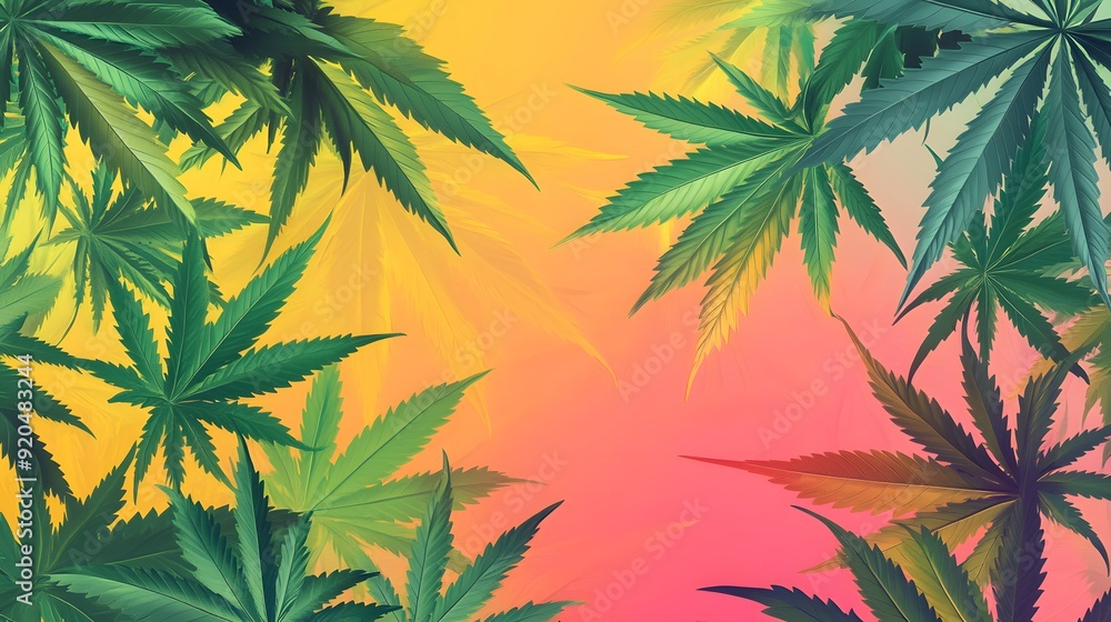 Marijuana leaves on a colorful background, close up top view on cannabis leaves and branches on colorful background for alternative medical and marketing design concept Marijuana leaves on a colorful background, close up top view on cannabis leaves and branches on colorful background for alternative medical and marketing design concept