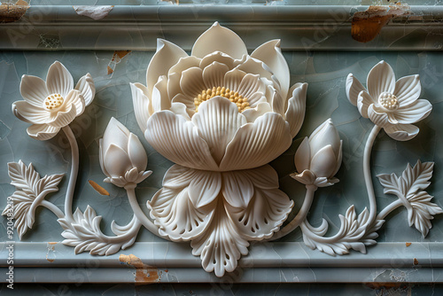 Volumetric floral molding on a concrete wall with elements created with generative AI technology