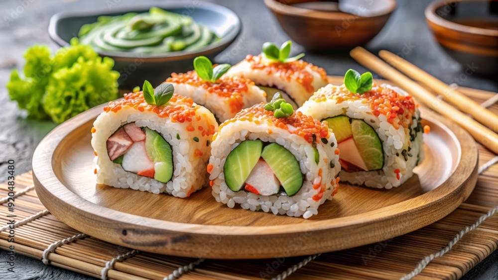 Freshly prepared California roll sushi with crab, cucumber, and avocado, garnished with sesame seeds and wasabi, served on a modern wooden plate. Freshly prepared California roll sushi with crab, cucumber, and avocado, garnished with sesame seeds and wasabi, served on a modern wooden plate.