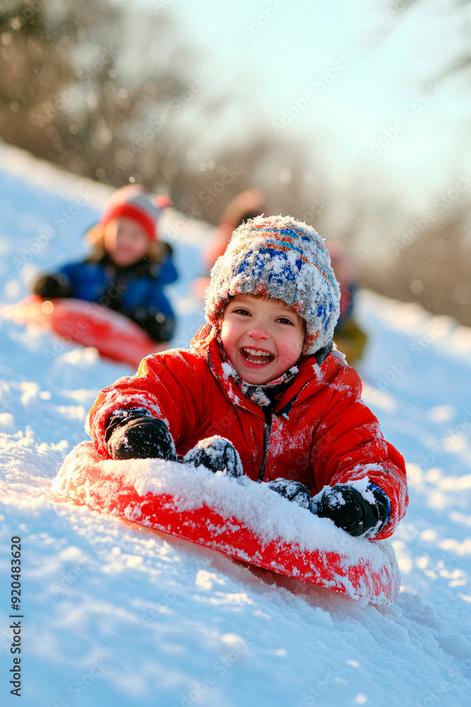 Child sledding down a snowy hill with joy Child sledding down a snowy hill with joy